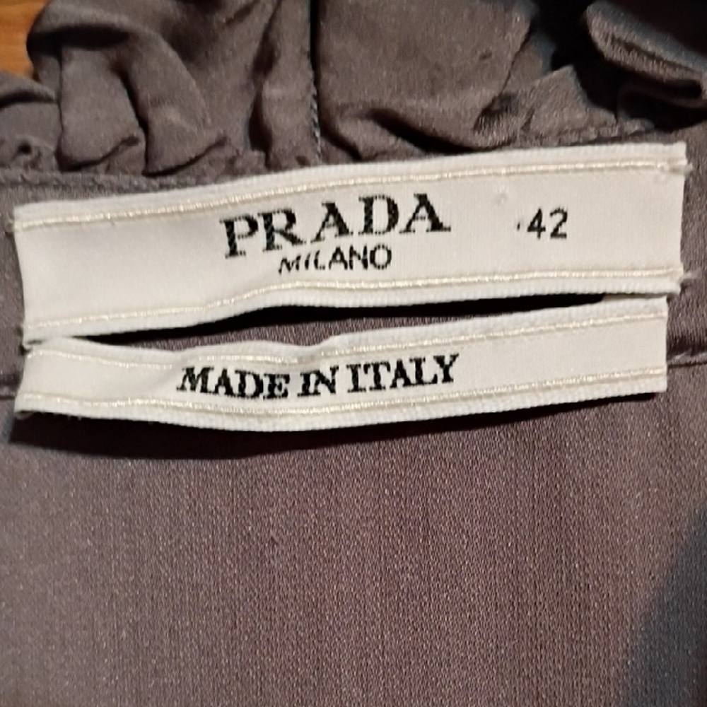 Prada Taupe Ruffle-Front Short Sleeve Blouse - Picture 2 of 12